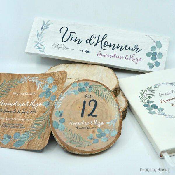 Numérotation de table en bois - Thème Eucalyptus pour mariage