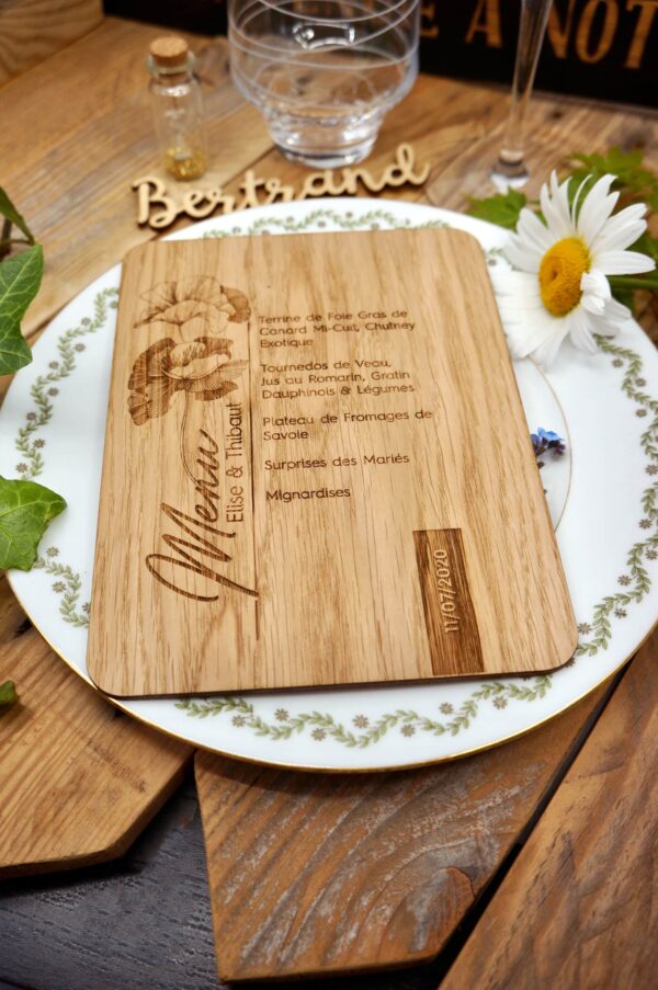 Menu mariage thème coquelicot avec gravure laser