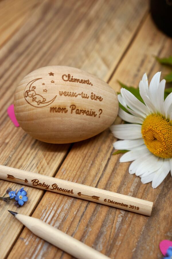 Oeuf en bois pour demande parrain marraine, Naissance et Baptême