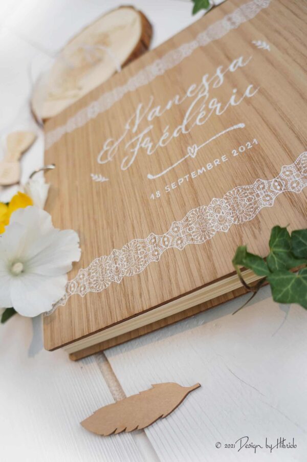 Livre d'or en bois "Vanessa" Nature et dentelle