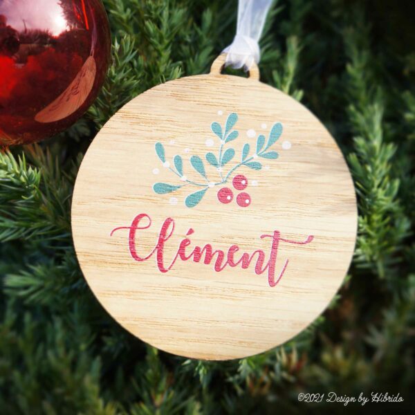 Boule de Noël Bois Personnalisable Houx